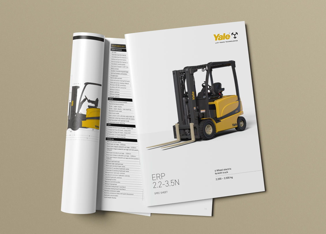 Printed spec sheet design for Yale forklift, featuring clean layout, white space, product photography and minimal technical information on a neutral background.