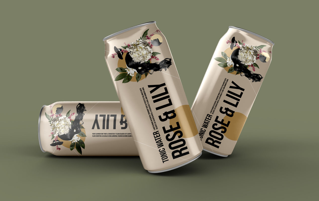 Floral beverage packaging design for Rose & Lily tonic water, showcasing elegant illustrated can artwork with premium visual branding.