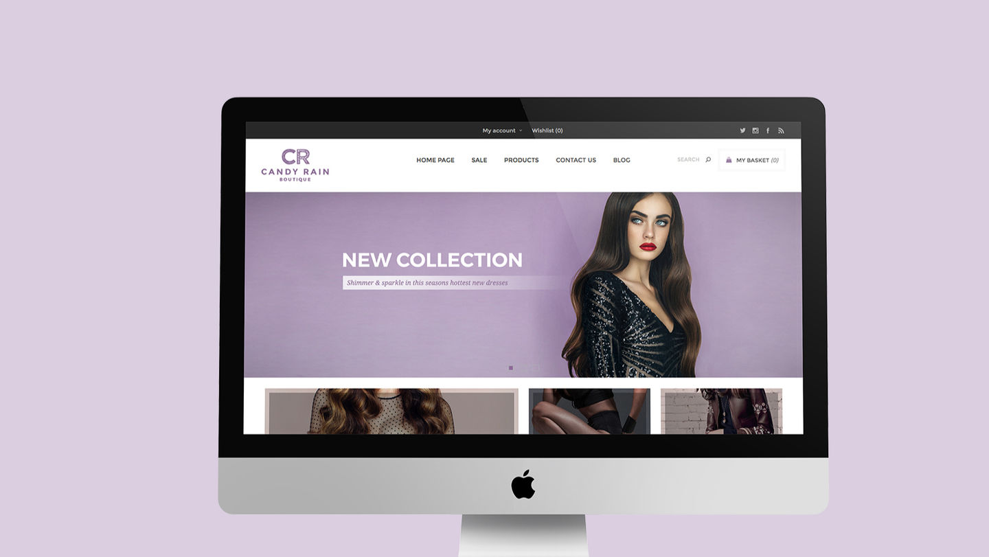 Candy Rain Boutique fashion ecommerce website mockup on desktop screen, showcasing stylish feminine online shop branding.