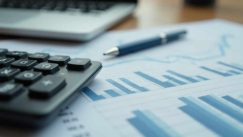 Eye-level view of a calculator and financial documents