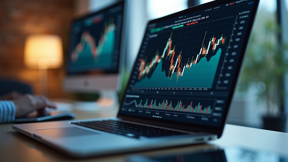 Eye-level view of a laptop screen showing financial charts and graphs