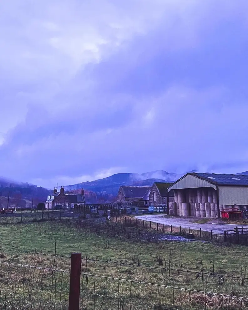 ballater scotland farmhouse view at sunset