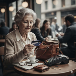 Mujer mayor revisando el pago con tarjeta en un café durante un viaje