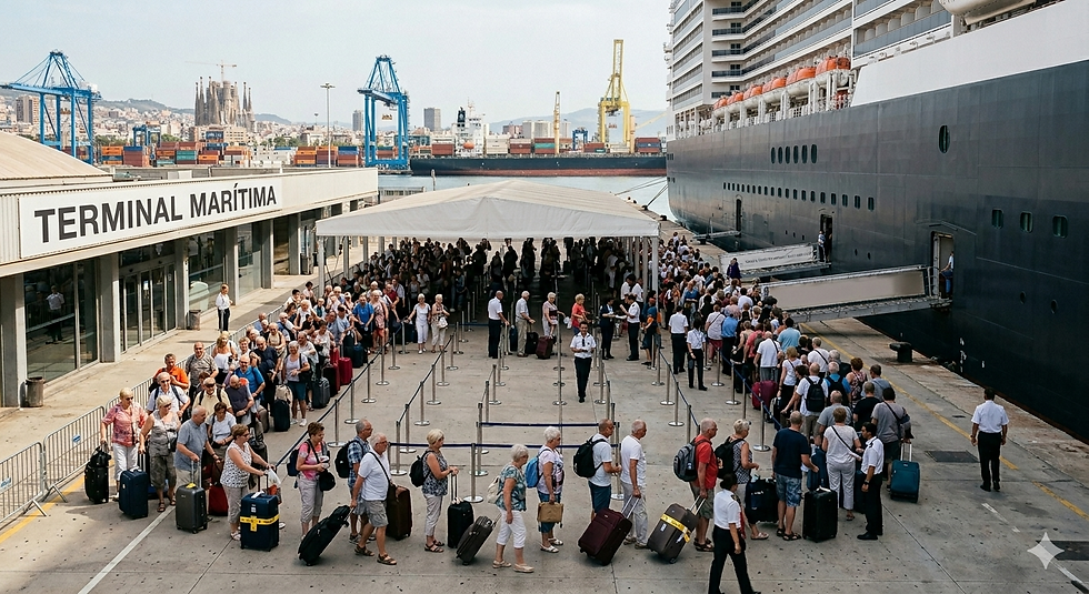 Pasajeros esperando para embarcar en un crucero en una terminal marítima