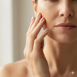 Woman touching her face after a hyaluronic acid treatment at 50