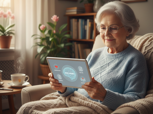 A senior woman sitting comfortably at home with a tablet, displaying a simple AI brain icon surrounded by helpful everyday life icons like health, documents, and maps.