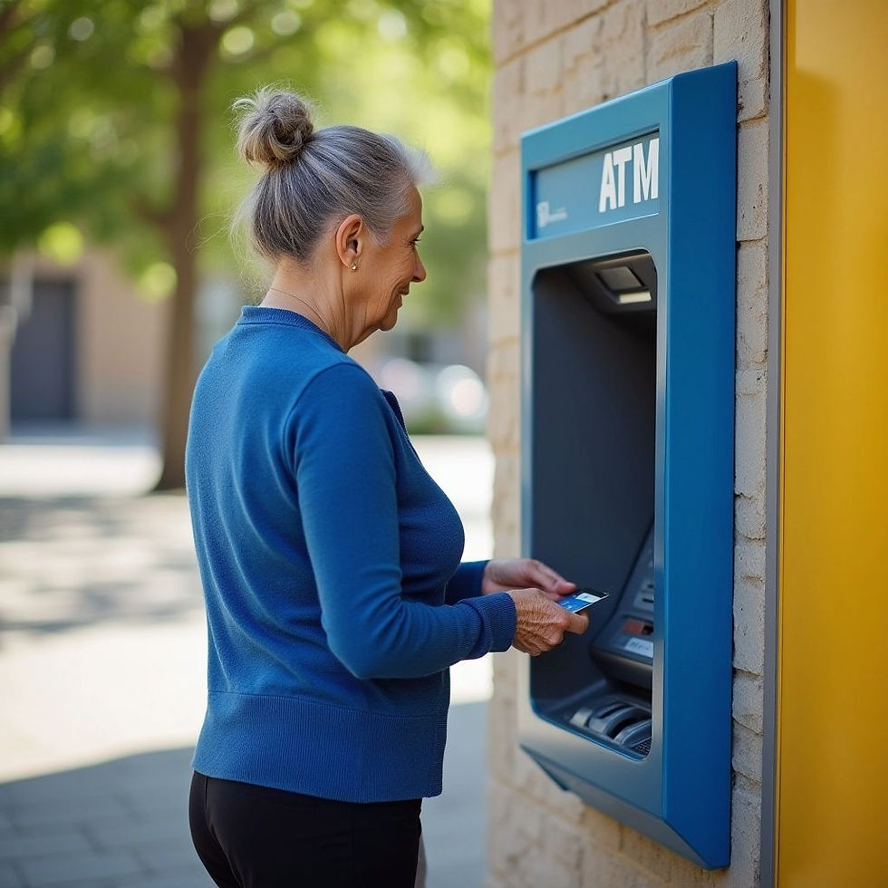 Older person using an ATM while travelling abroad