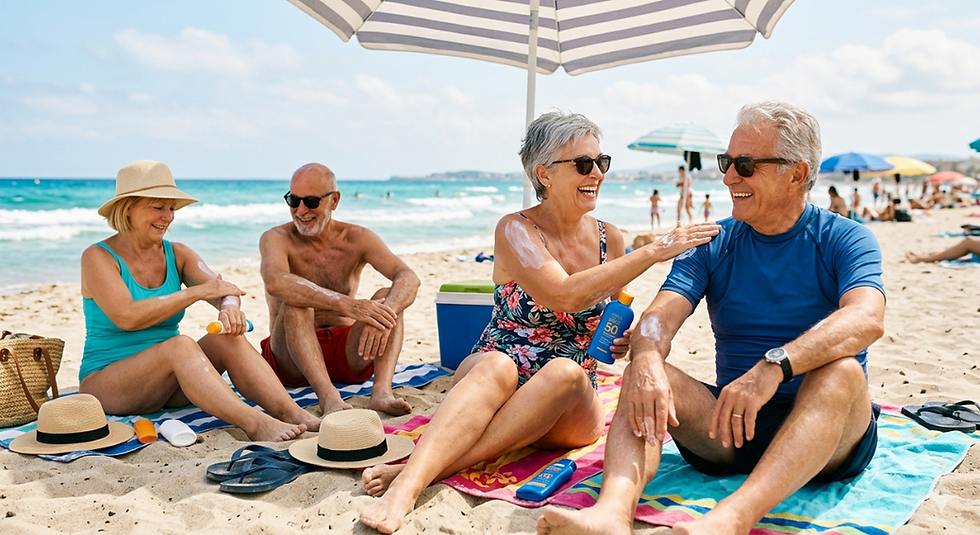 Older adults enjoying the beach while protecting their skin from the sun