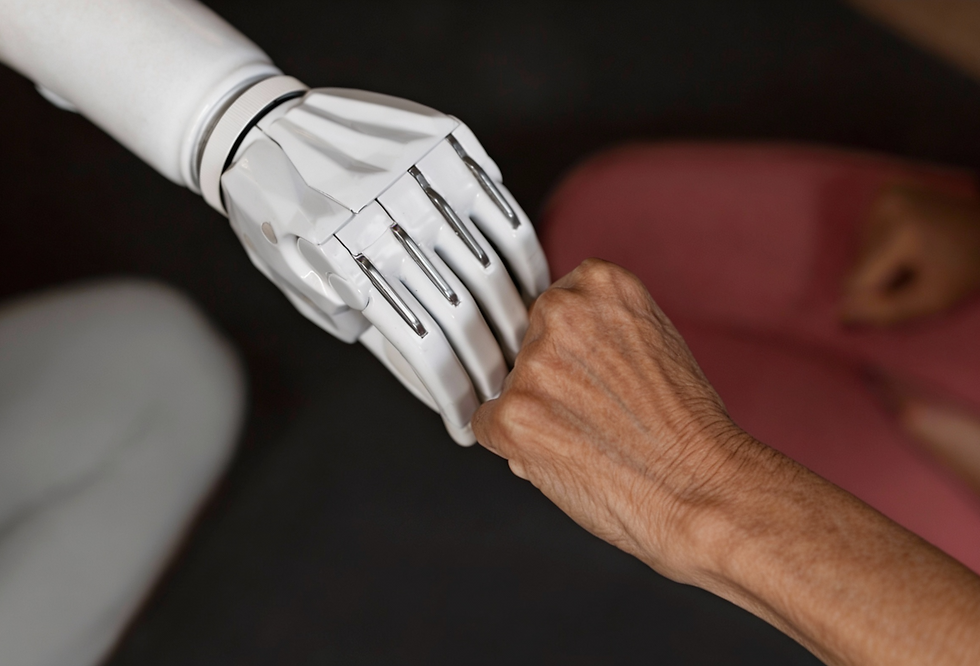 Human hand and robotic hand connecting to represent technology for everyday life benefits.