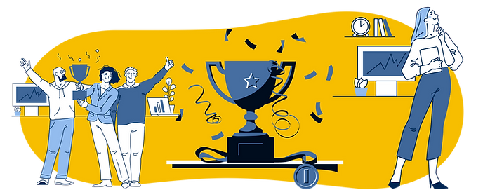 woman thinking next to oversized trophy and team holding award