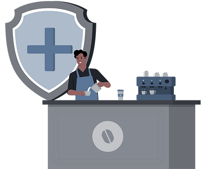 Barista serving coffee in front of shield with checkmark