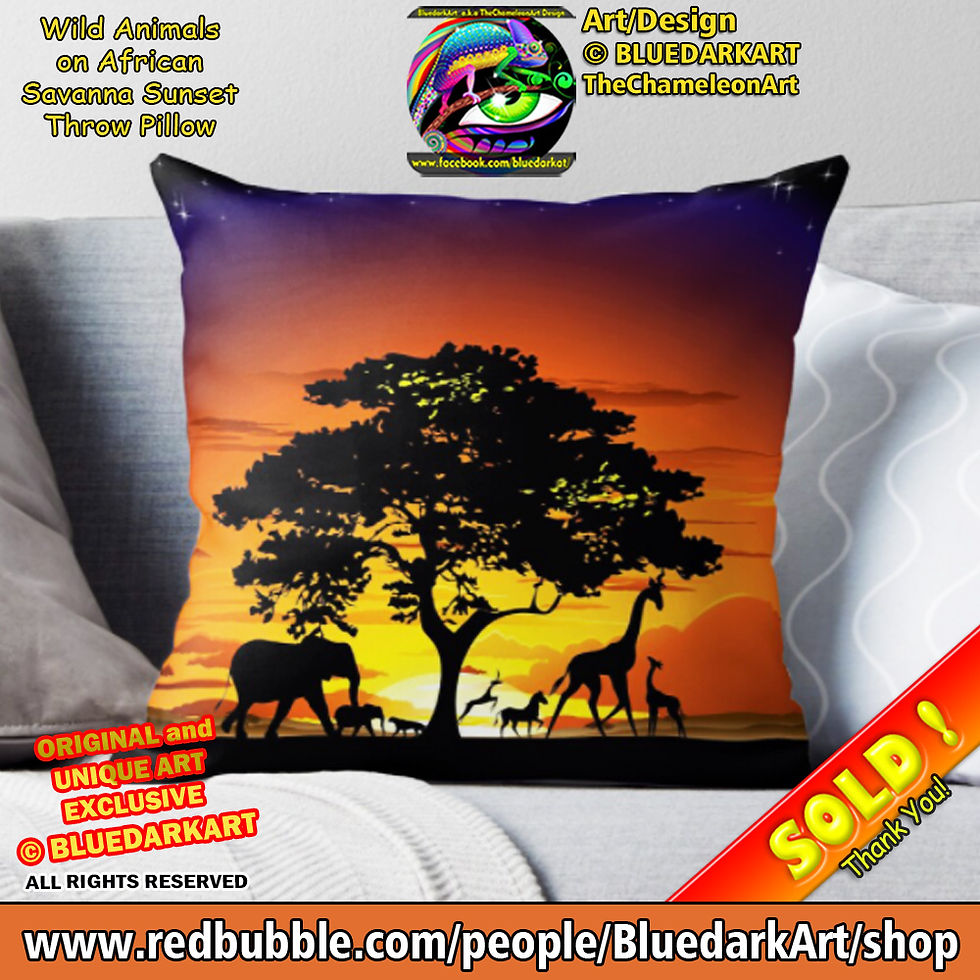 SOLD! 🌴 Wild Animals on African Savanna Sunset Throw Pillow 🌴 Design © BluedarkArt TheChameleonArt