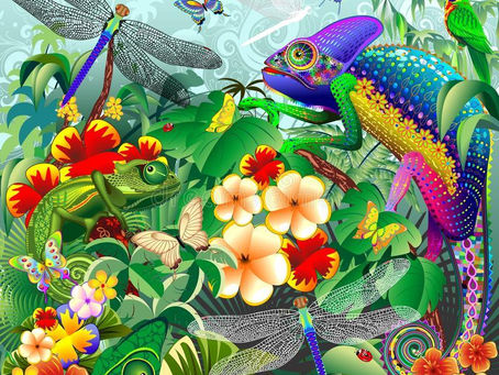 License SOLD “Chameleons Hunting, Dragonflies, Butterflies, Ladybugs” Vector Illustration © Bluedark
