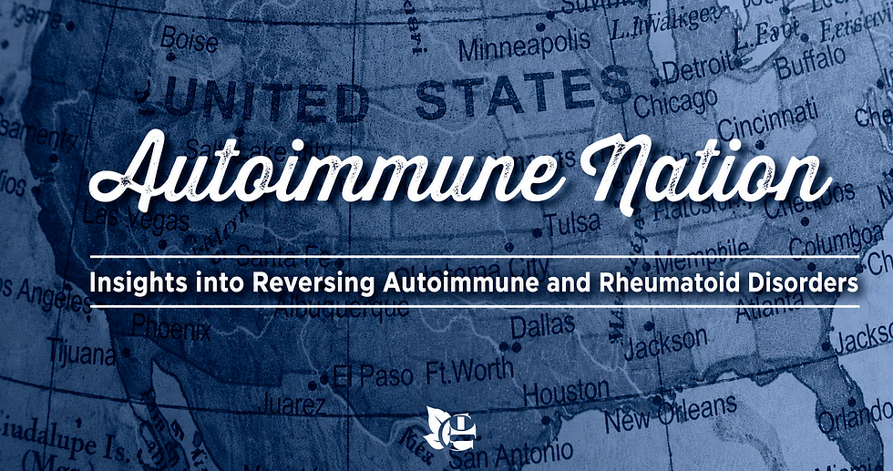 Autoimmune Nation illustration showing a map of the United States with the title “Autoimmune Nation” and the subtitle “Important Insights into Reversing Autoimmune and Rheumatoid Disorders.”