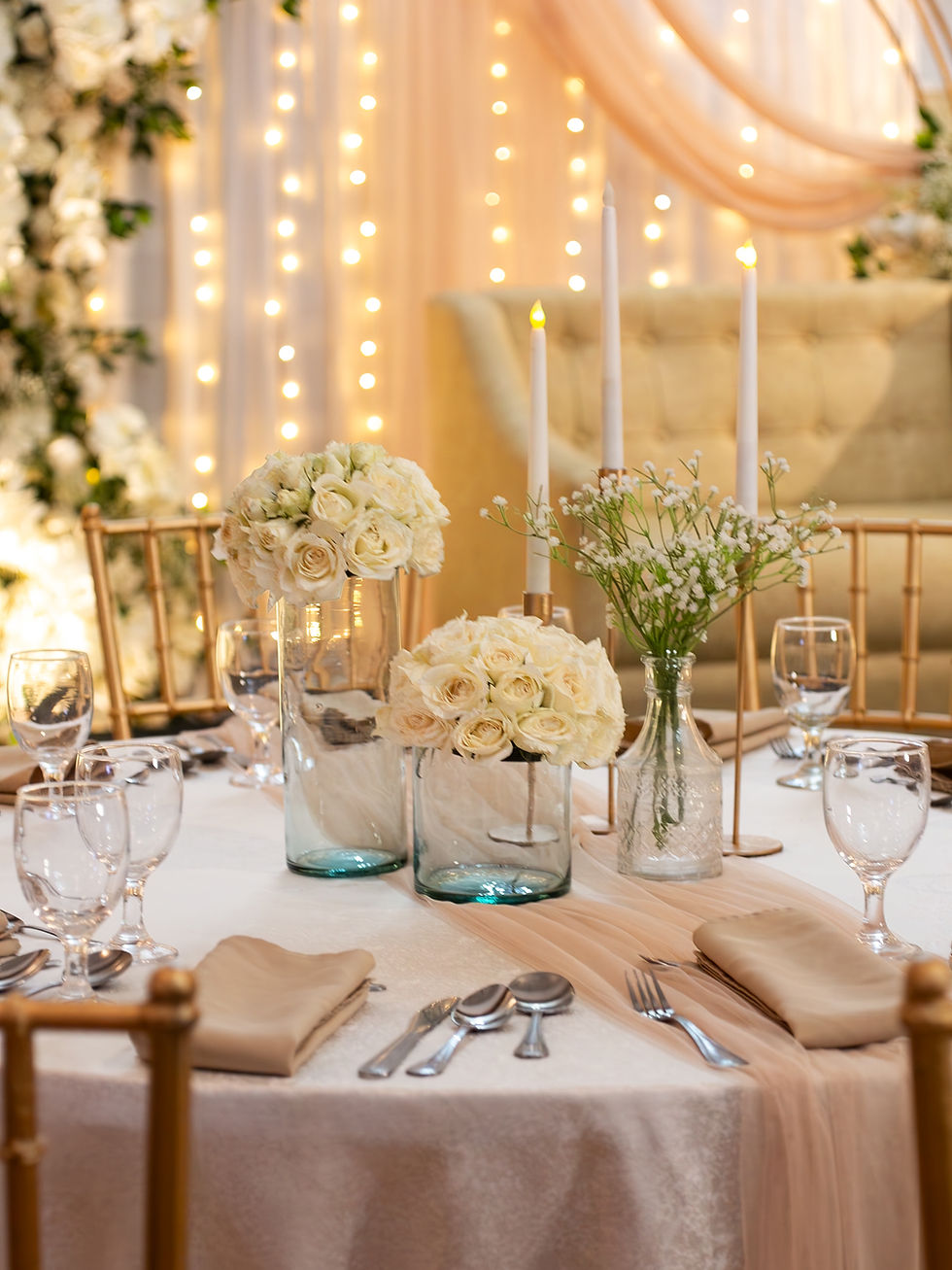 white ivory table settings wedding theme