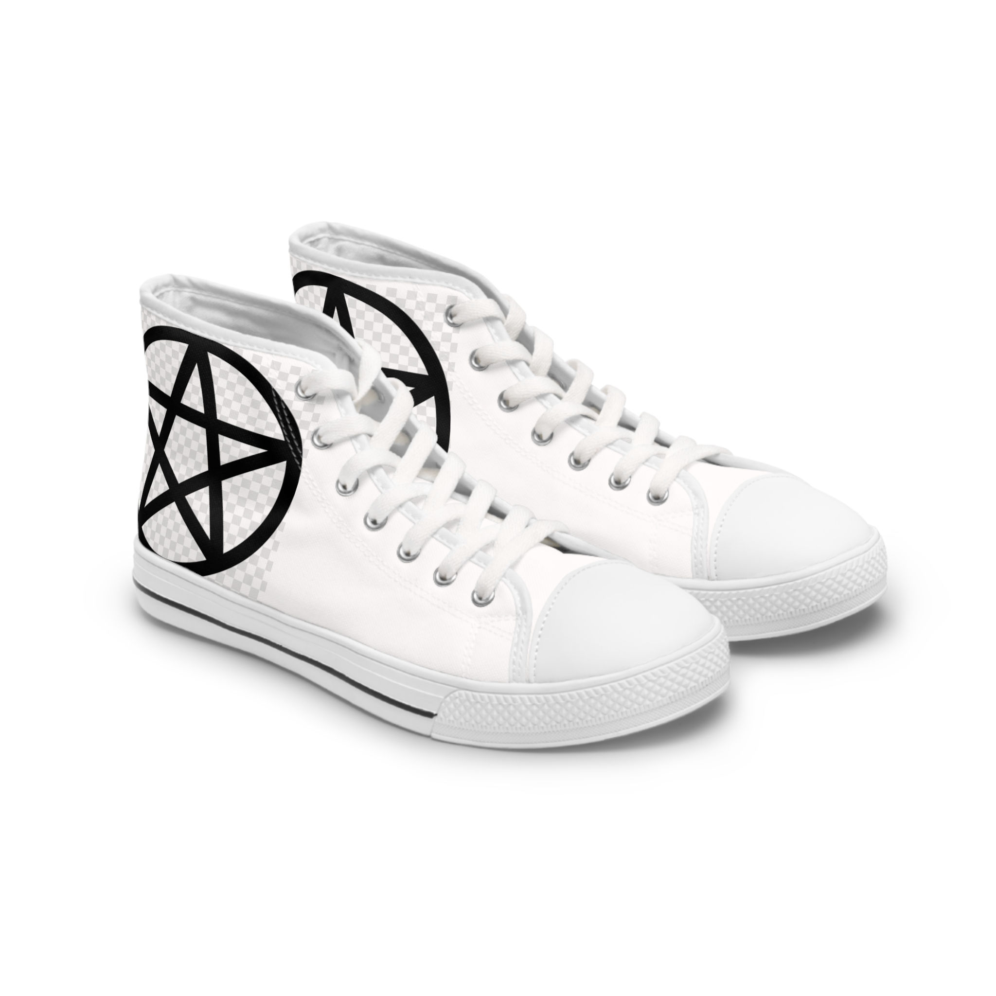 White Converse Tennis shoes with black pentacle.