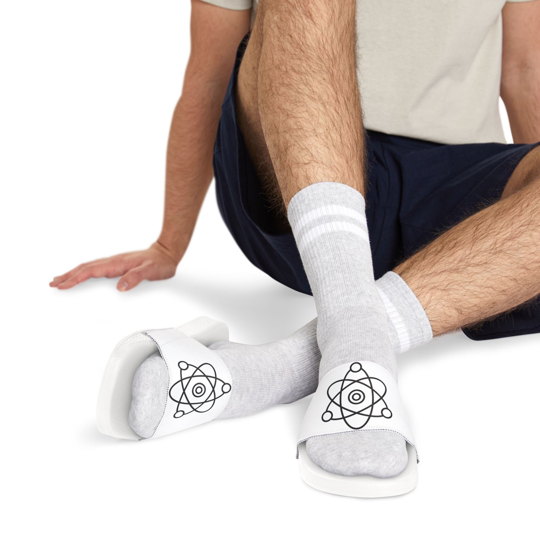 Slide Sandals — White Atomic Symbol Slides for Men