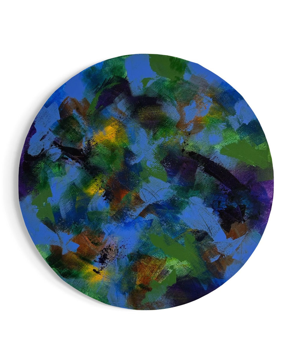 Abstract expressionistisch kunstwerk met blauw, groen, oker, geel en paars door Atelier Wander.