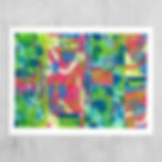 Abstract kunstwerk van een gelaagde collage in groen, turquoise, blauw en roze. Transparante kleurvlakken, organische lijnen en textuurelementen overlappen elkaar in een ritmische compositie vol beweging, contrast en energie.