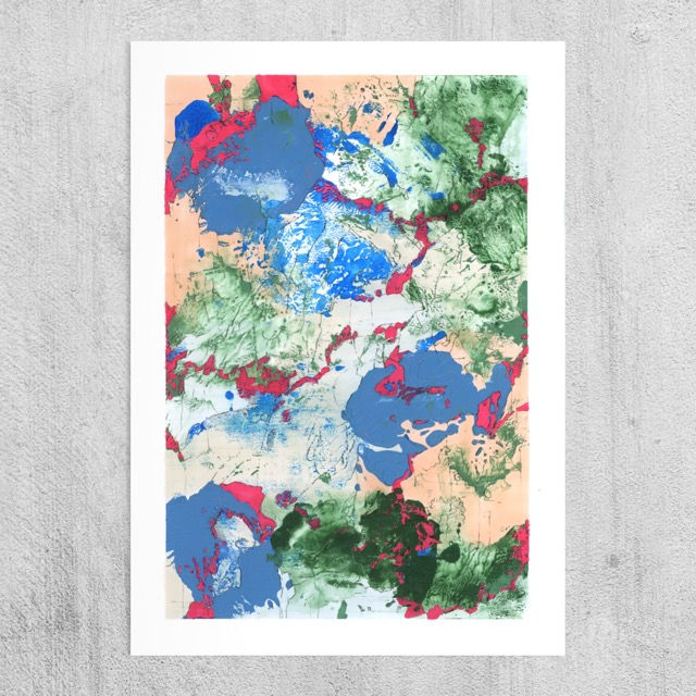 Een abstract expressionistisch werk in vlakken blauw, groen en roze.