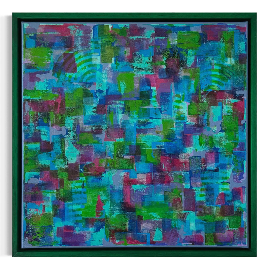 Een expressionistisch kunstwerk van verschillende lagen kleur en met verschillende materialen over elkaar.