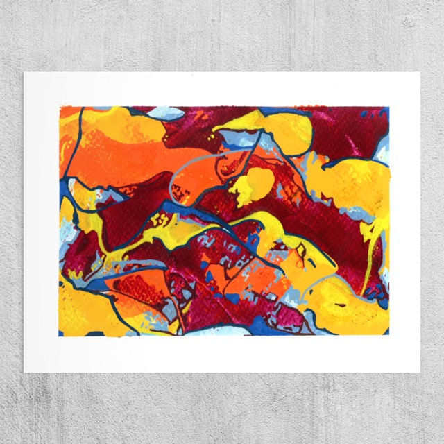 Abstract expressionistisch werk op papier met gelaagde structuren en expressieve lijnen.