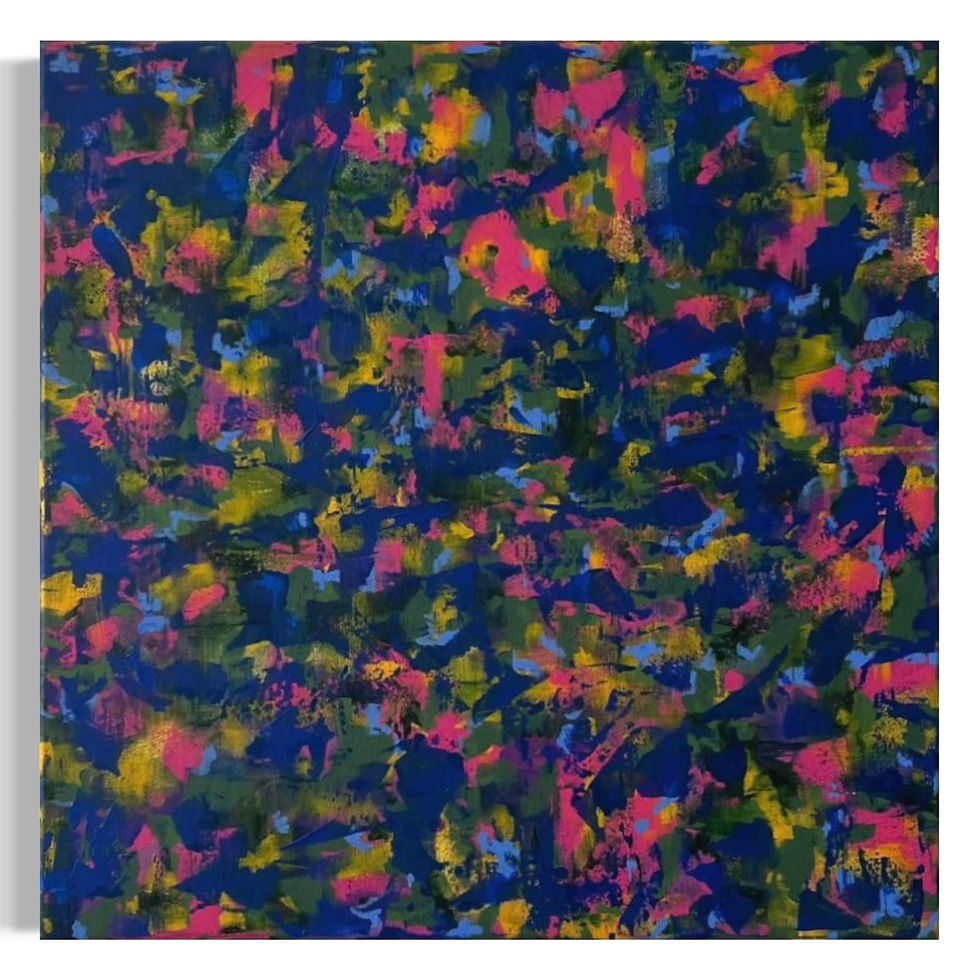 Kleurrijk abstract schilderij met een dynamisch patroon van overlappende verfstreken in blauw, roze, geel en groen