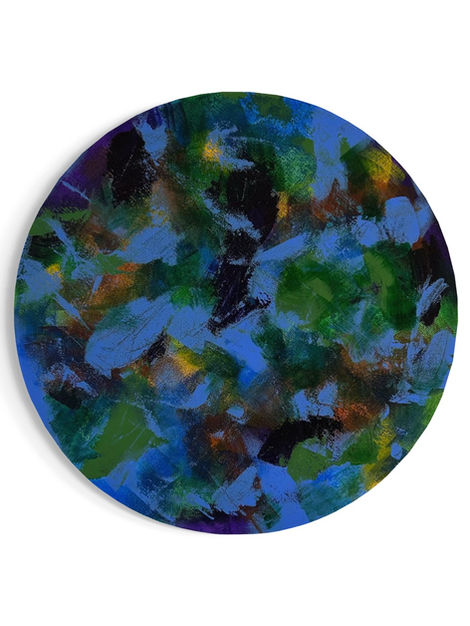 Abstract expressionistisch kunstwerk met blauw, groen, oker, geel en paars door Atelier Wander.