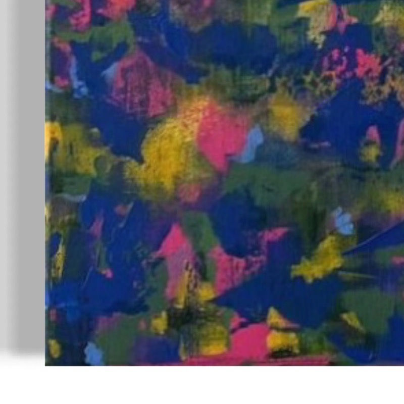 Kleurrijk abstract schilderij met een dynamisch patroon van overlappende verfstreken in blauw, roze, geel en groen