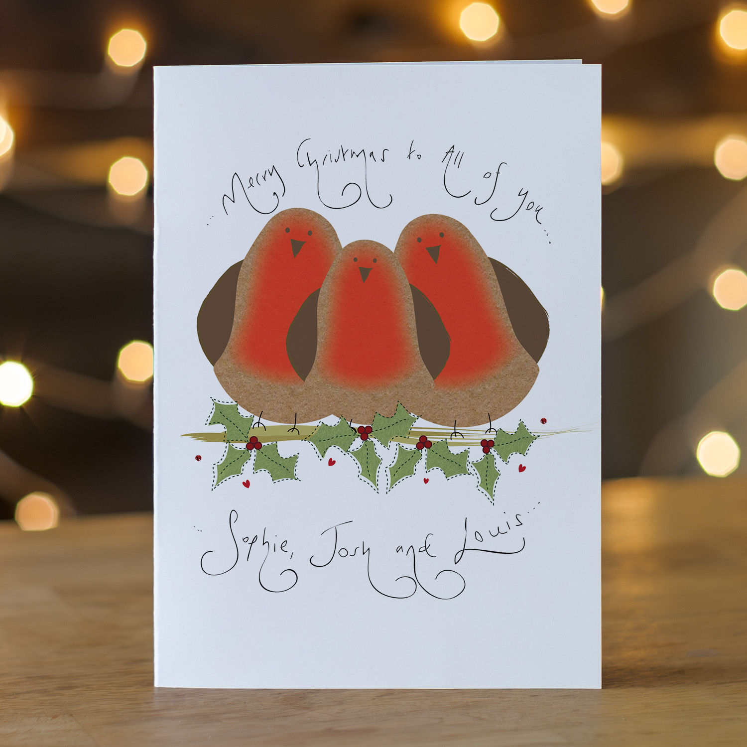Personalised Family Christmas Card Three Robins Design