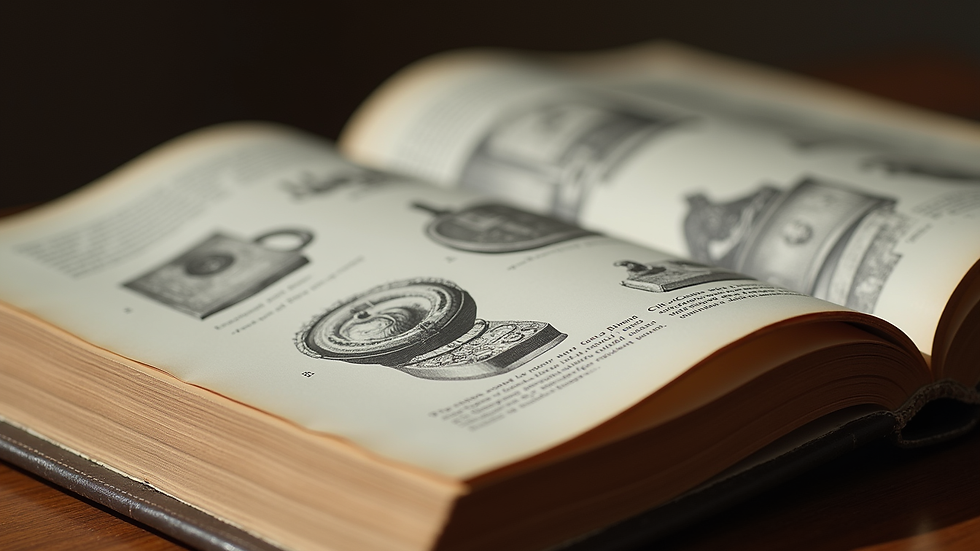 Close-up of an open book showing detailed illustrations of historical artifacts