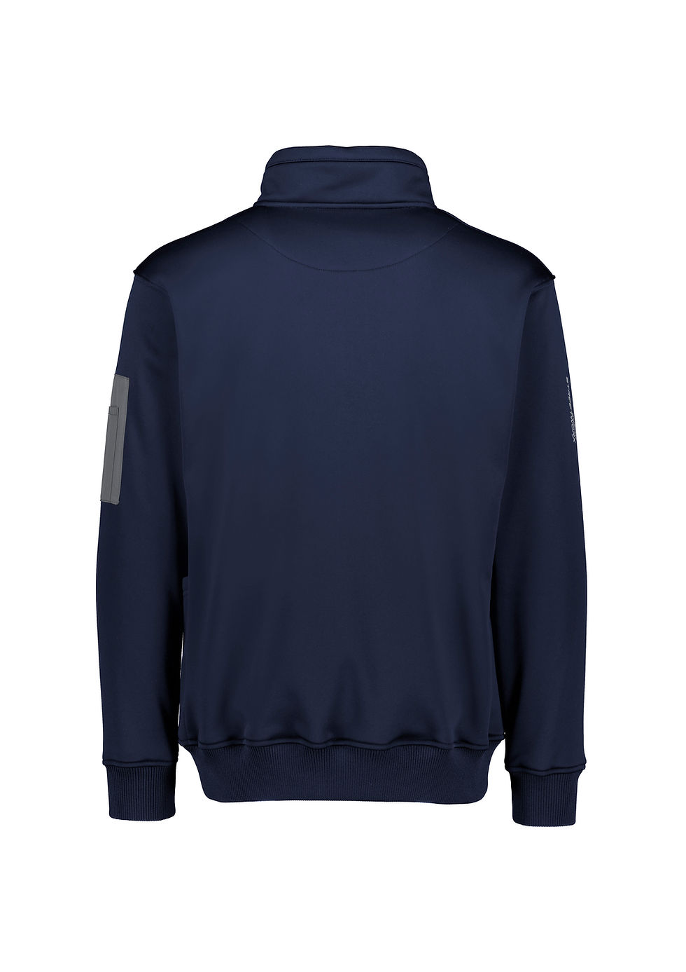 Thumbnail: Navy blue jacket with elastic cuffs and hem, back view