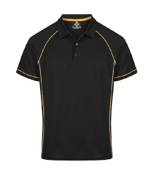 Black polo work shirt with yellow accents