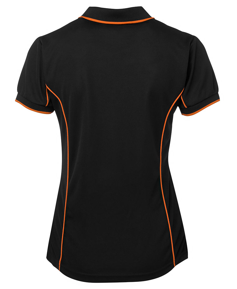 Thumbnail: Back of black short-sleeve shirt with orange trim