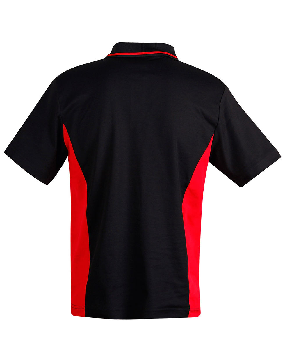 Thumbnail: Black polo shirt with red side panels, back view