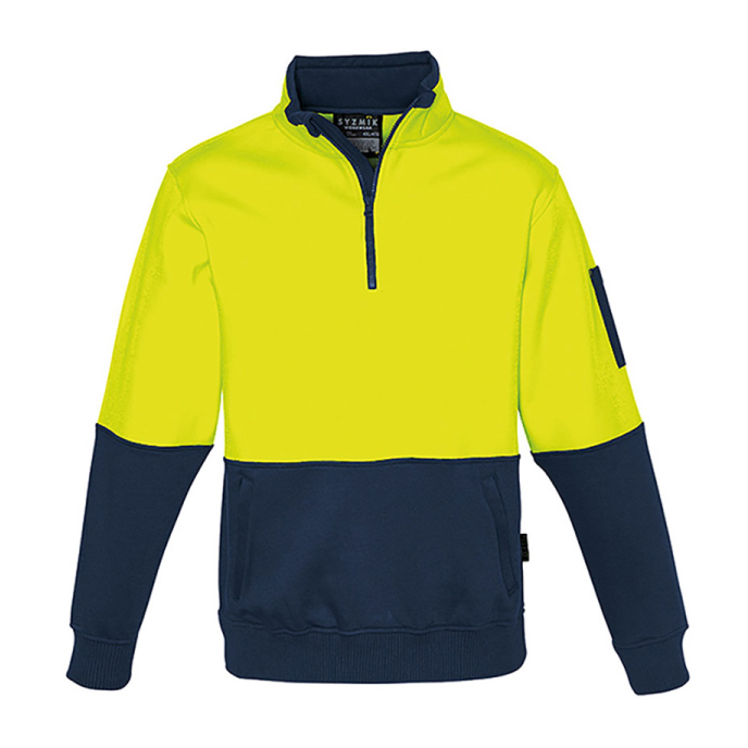 High-visibility yellow and navy quarter-zip pullover