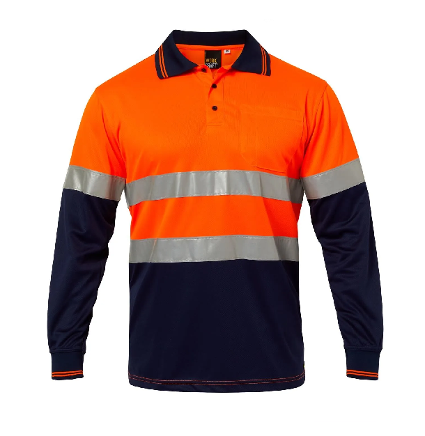 Orange and navy high-visibility long sleeve polo shirt