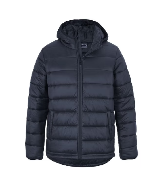 Dark blue puffer jacket with hood