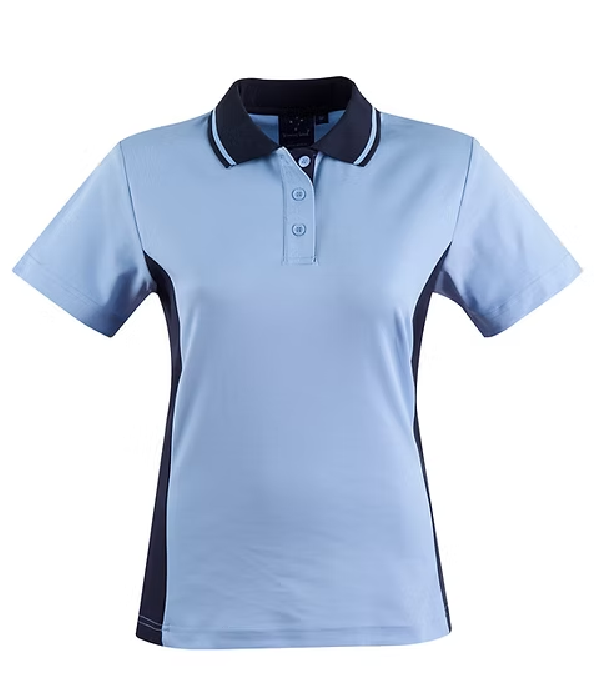 Light blue polo shirt with dark collar and side panels