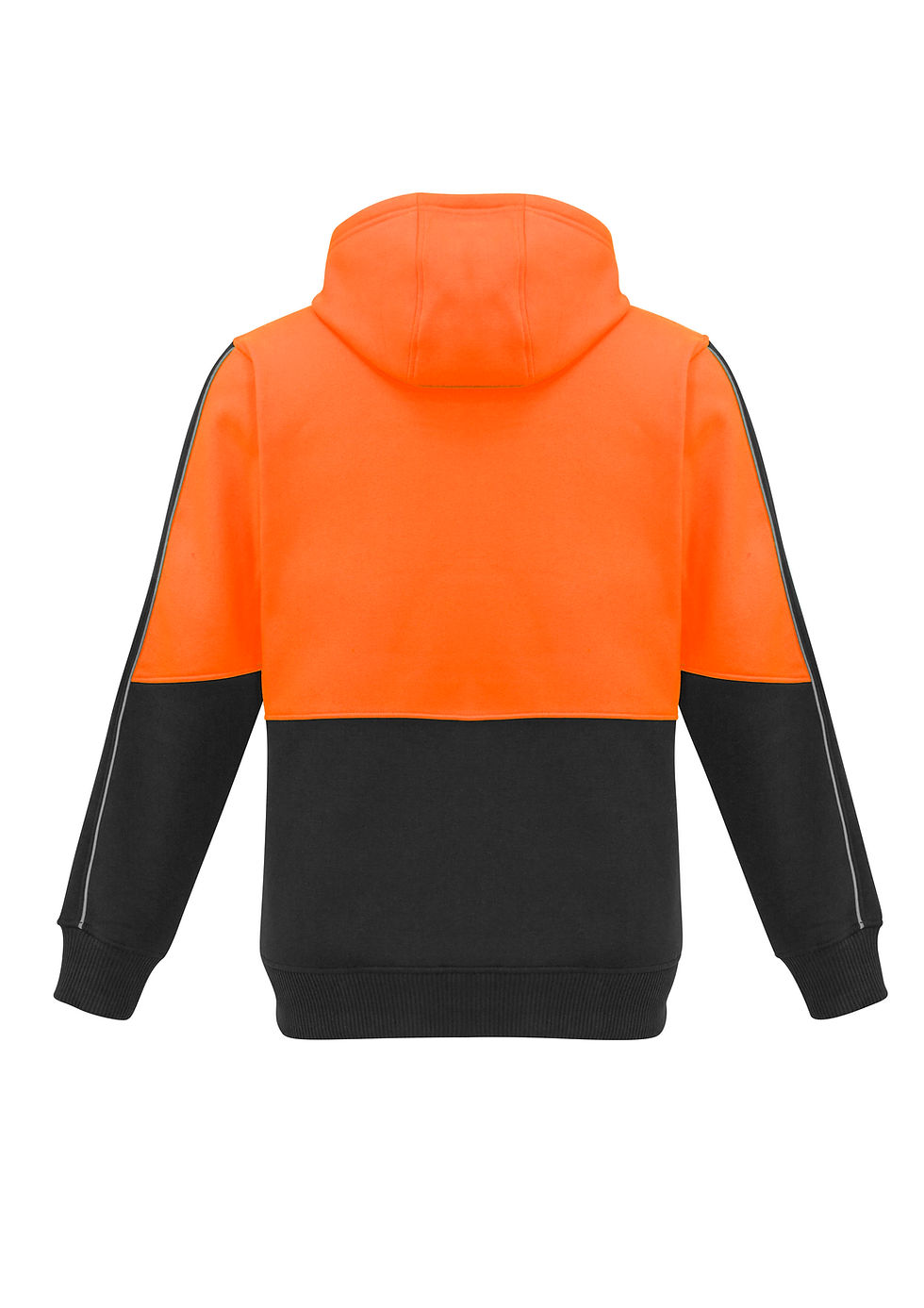 Thumbnail: Orange and black hoodie, back view with sleeve stripes