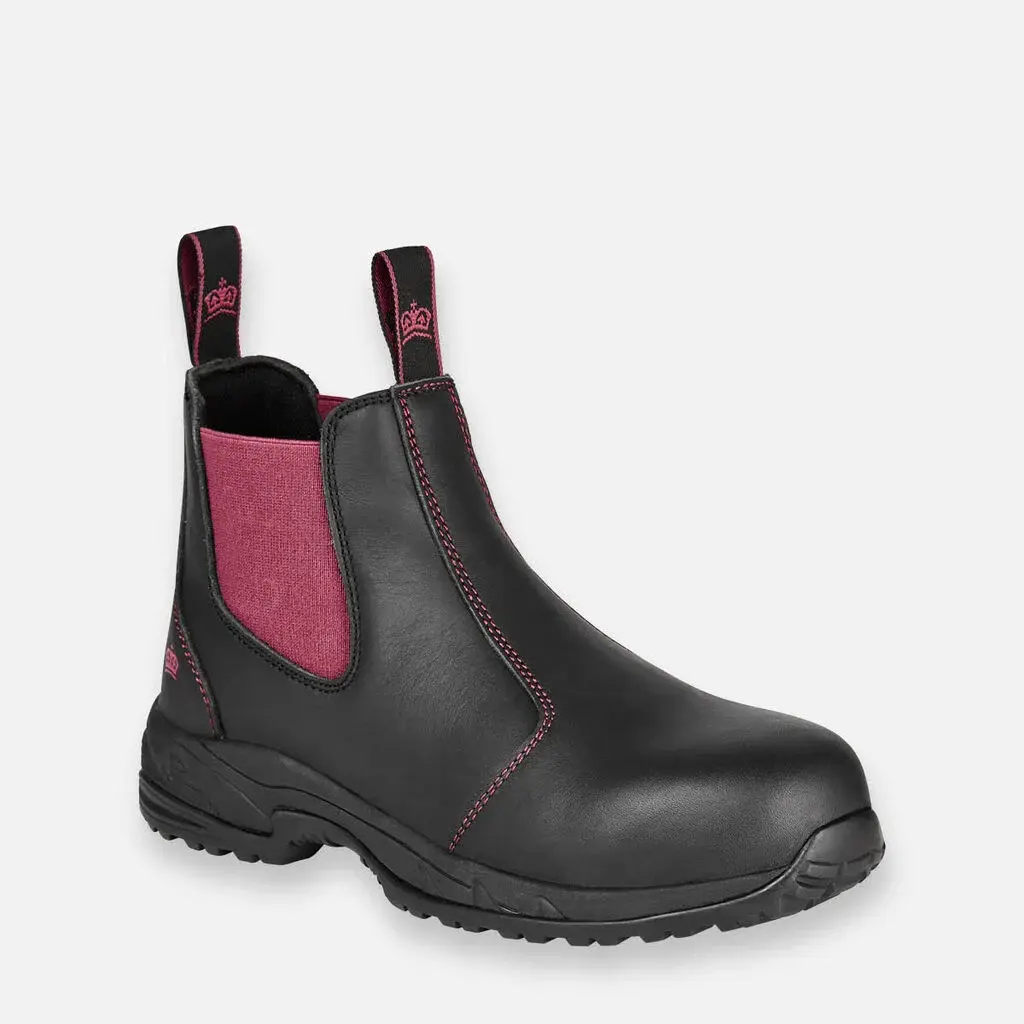 Black work boot with pink elastic sides and pull tabs