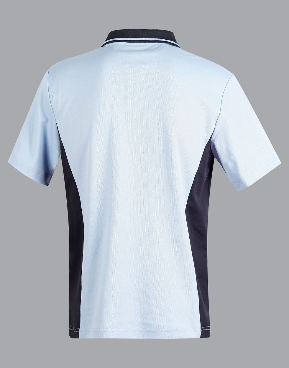 Thumbnail: Back of a light blue polo shirt with dark side panels
