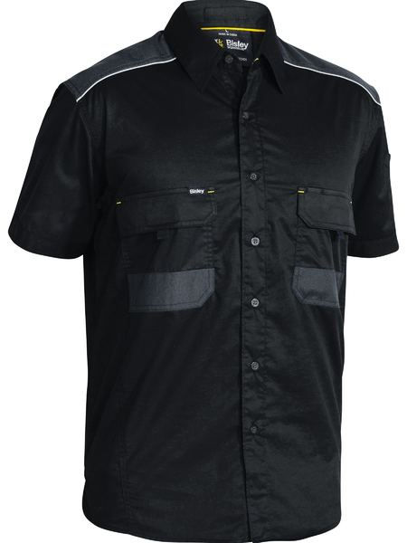 Black short-sleeve work shirt with pockets