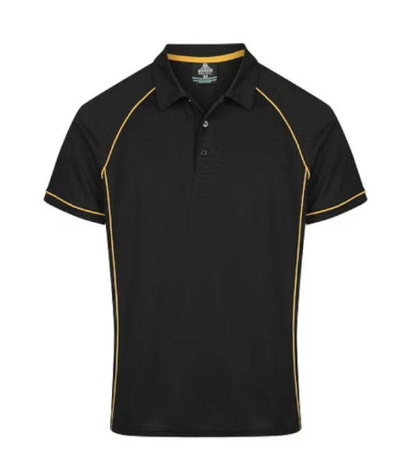 Thumbnail: Black polo shirt with yellow piping on sleeves
