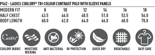 Thumbnail: Polo shirt size chart with anti-bacterial, UV protection, quick dry features.