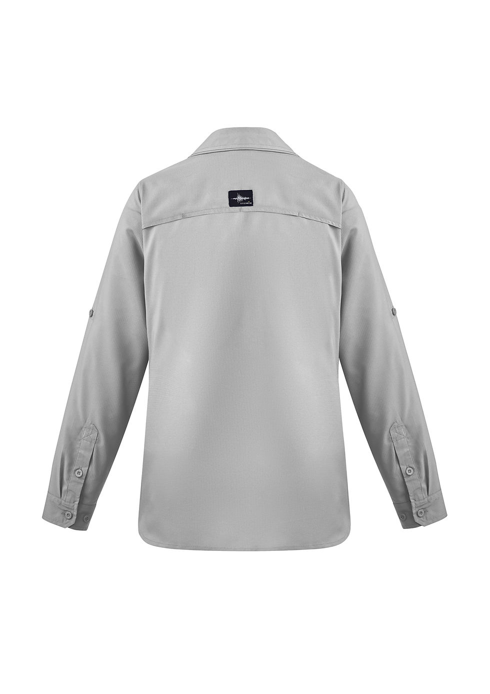 Thumbnail: Back of a grey work shirt with rolled sleeves