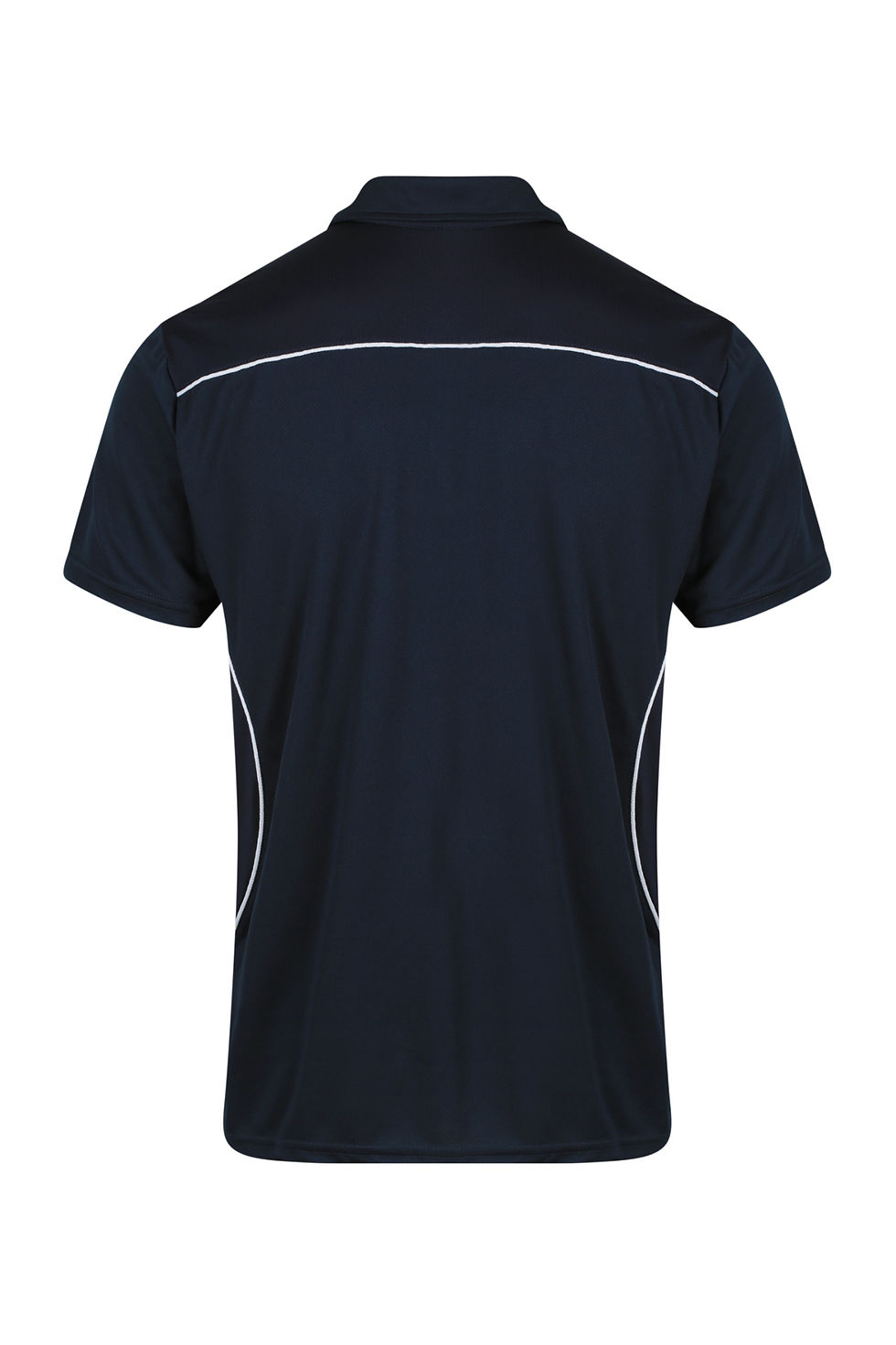 Thumbnail: Back of navy short-sleeve shirt with white reflective stripes