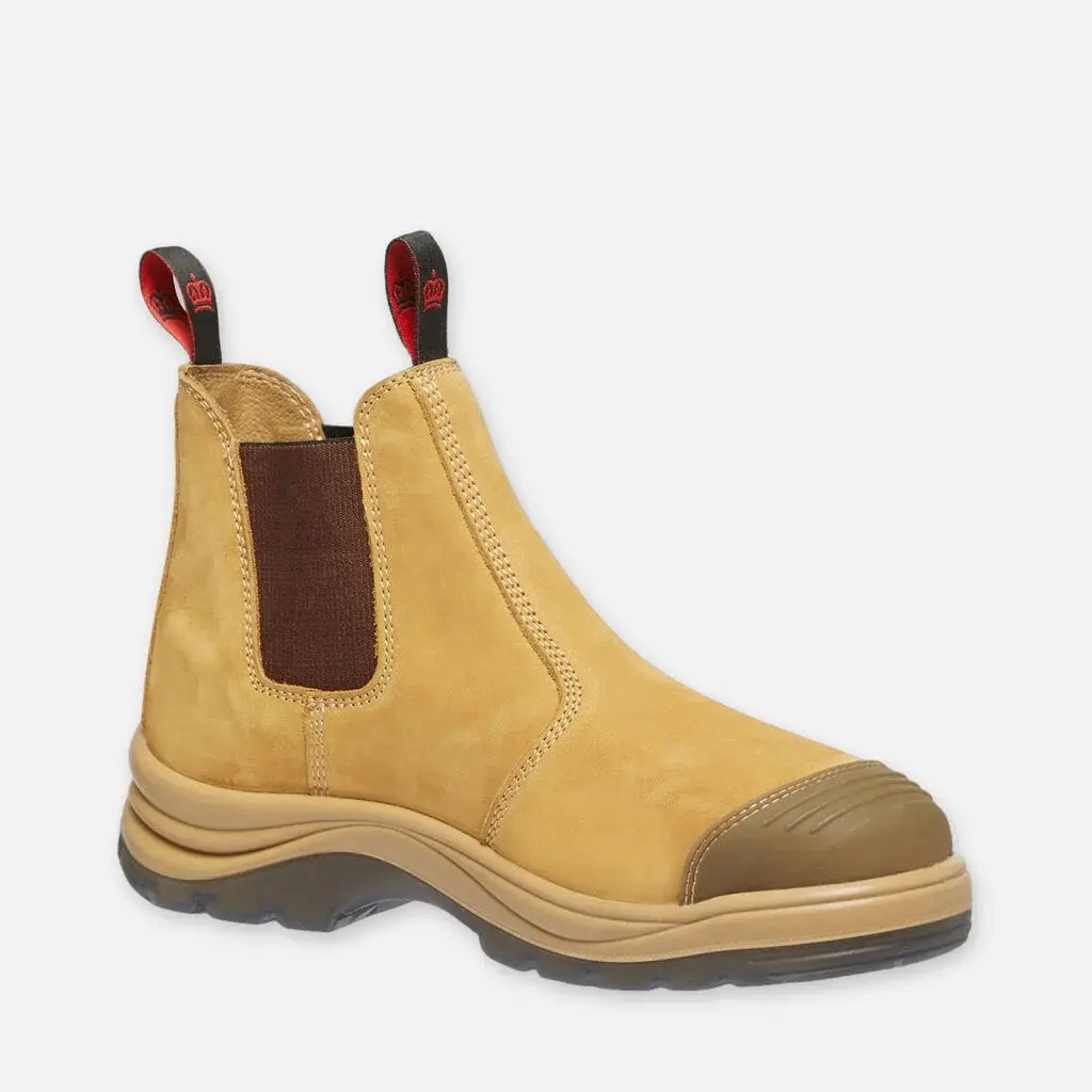 Tan work boot with elastic sides and red pull tabs