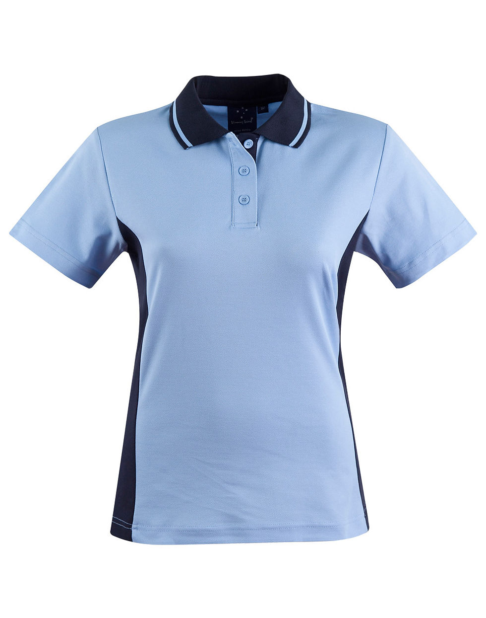 Thumbnail: Light blue short sleeve polo with dark collar and panels