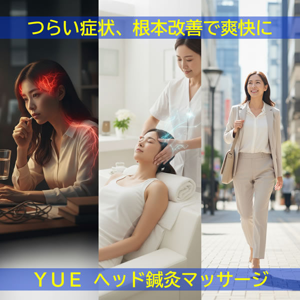 頭痛で辛い人が薬を飲む姿。そしてヘッドマッサージを受けるようになって、頭痛が根本改善されて爽快に仕事へ向かう姿の画像